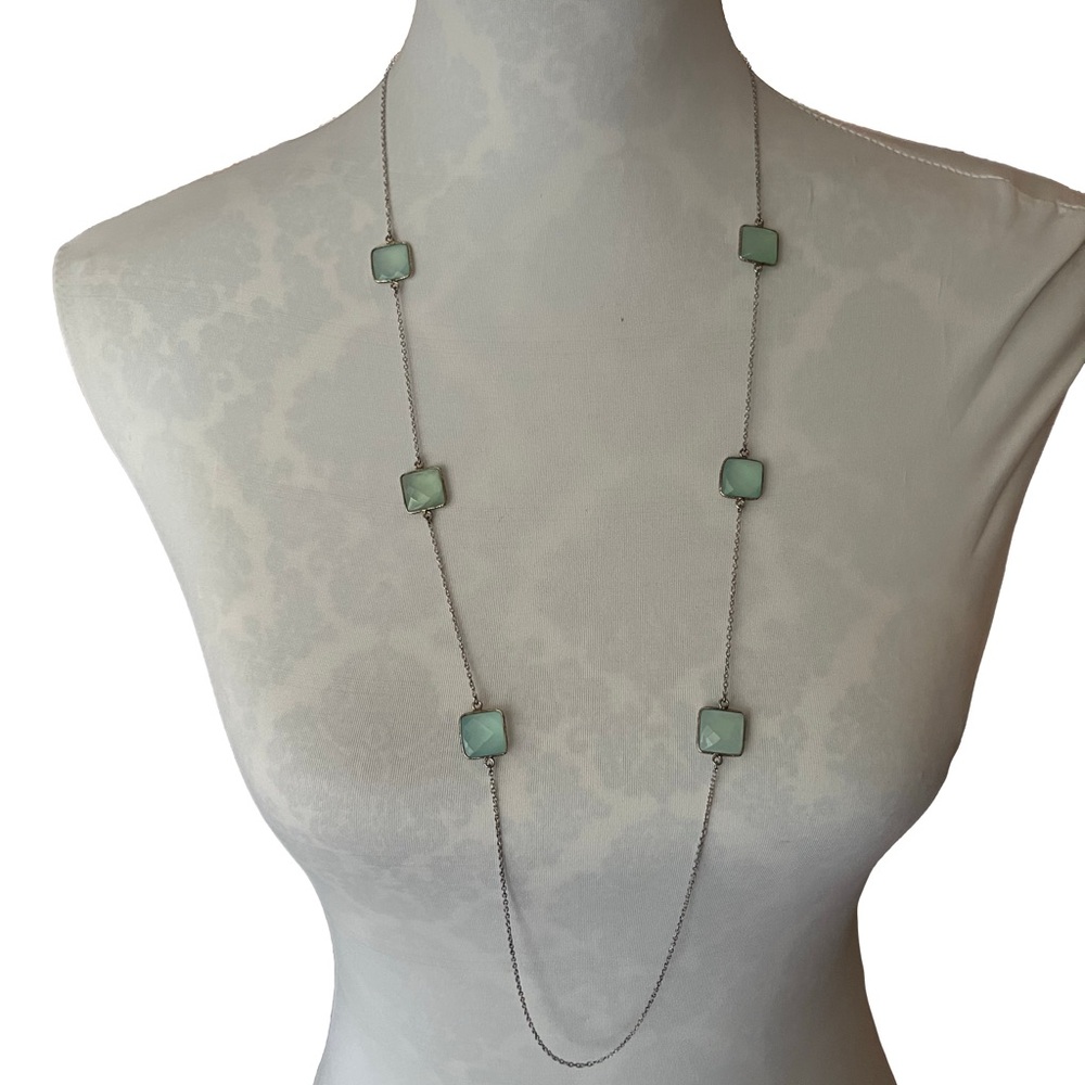 Silver Tone Station Necklace with Green Square Beads – Long Layering Chain